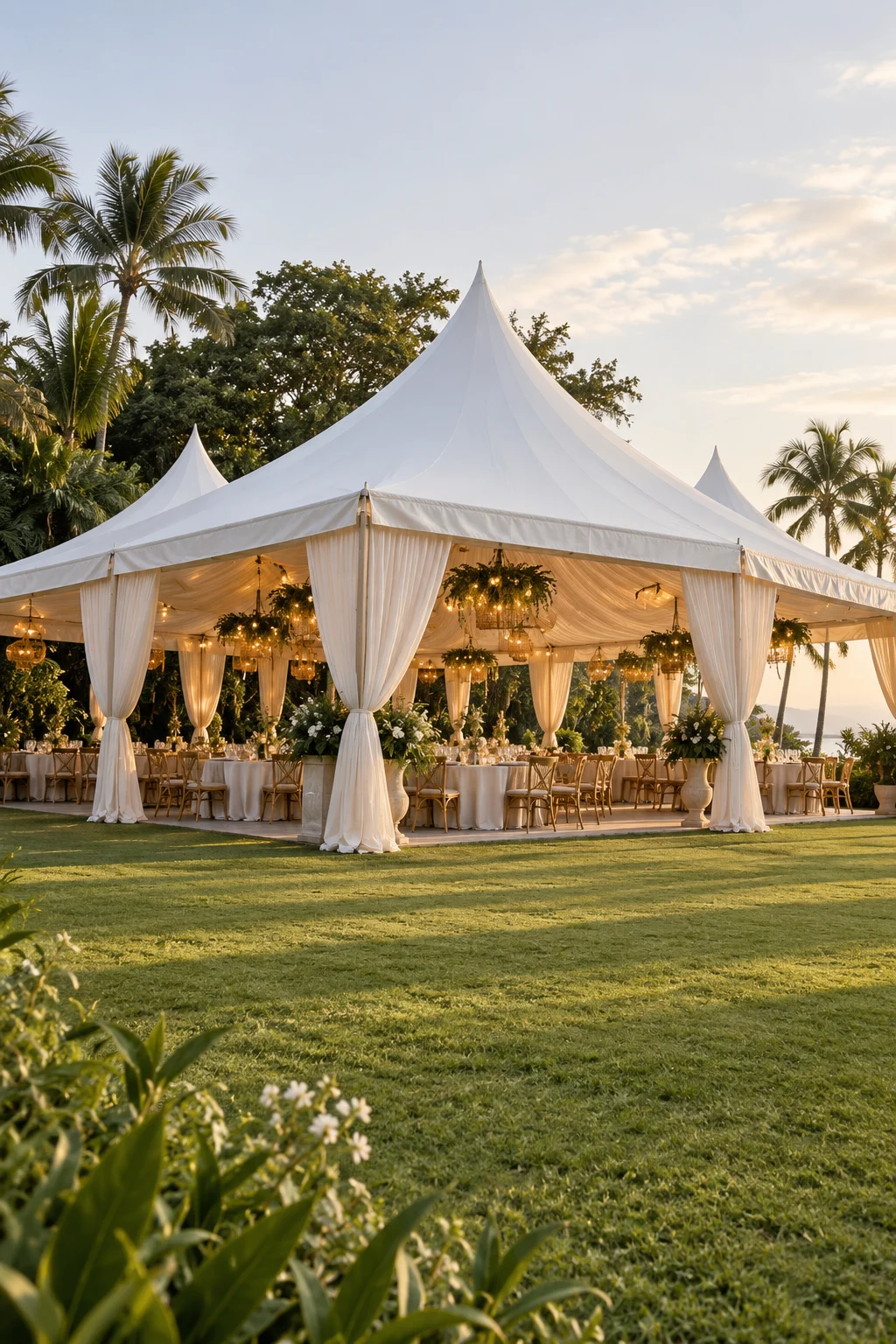 Tenda acara putih di area terbuka dengan sisi terbuka