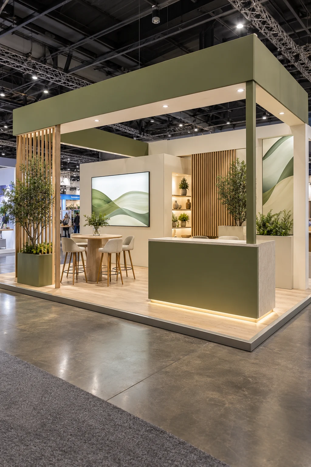 Booth pameran custom dengan meja penerima tamu dan area display